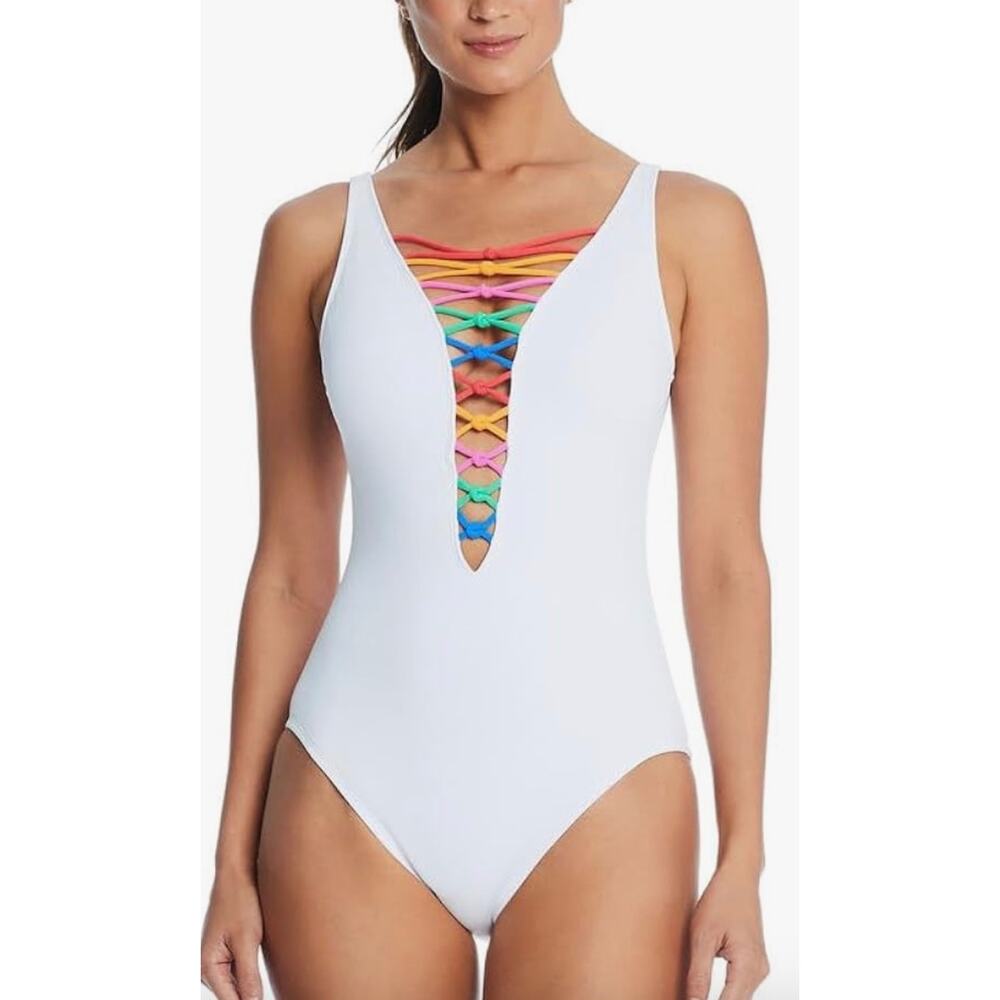 Bleu Rod Beattie White Rainbow Lets Get Knotty Lace Down One Piece Swim 10 NWT